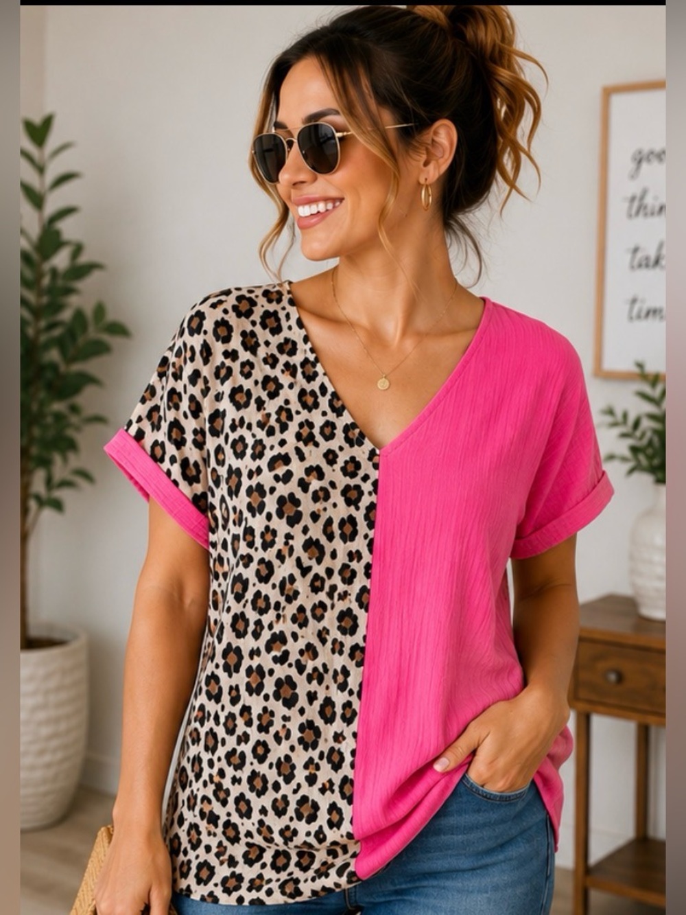 648 Color Block Leopard Print V-Neck Blouse Pink Animal Print Short Sleeve Small